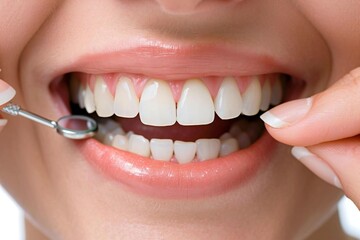 Close-up photo of female Caucasian putting on teeth aligner at home.