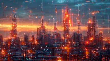 Obraz premium Abstract industrial landscape with high-tech symbols and holographic elements showcasing scientific achievements. , Minimalism,