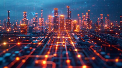 Abstract industrial landscape with high-tech symbols and holographic elements showcasing scientific achievements. , Minimalism,