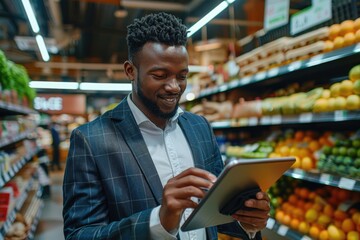 Fototapeta premium African American businessman using digital tablet in retail store.