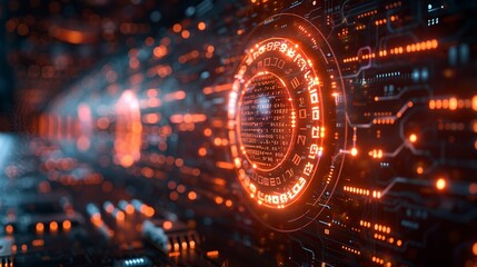 Abstract futuristic design with digital codes and mechanical parts representing the integration of technology and science. , Minimalism,