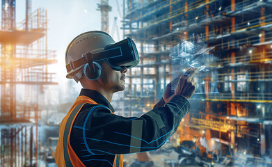 Construction worker using augmented reality technology on site.