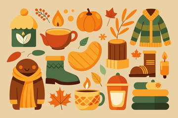 A collection of autumnthemed icons designed in a flat style. A delightful collection of autumnthemed icons featuring a flat design style, including keywords like Pumpkin, Orange