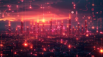 Fototapeta premium Abstract industrial landscape with glowing tech symbols and holographic elements showcasing advancements in technology and science. , Minimalism,