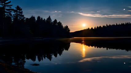 Fototapeta premium the-moon-reflected-on-a-calm-lake-at-night