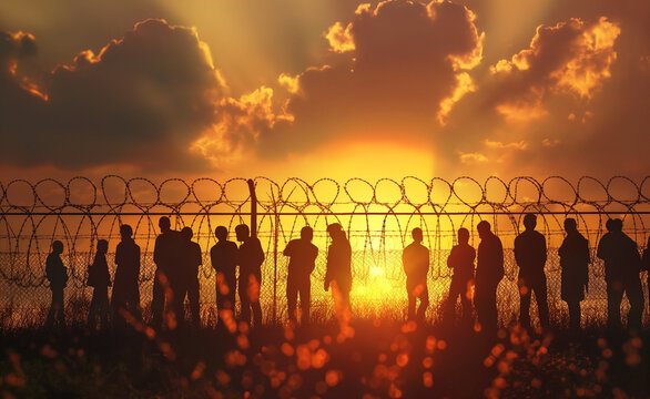 Silhouettes of people standing near barbed wire fence during sunset.