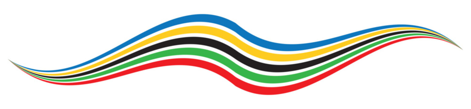 Colored Olympic games rainbow wave strips, colorful ribbons vector isolated on transparent background.