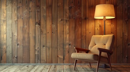 Armchair with lamp beside wooden wall in cozy room