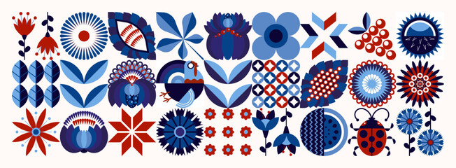 Ukrainian national style "Petrykiv painting". Floral pattern in white-blue tones. Scandinavian style. Abstract geometric agricultural illustration