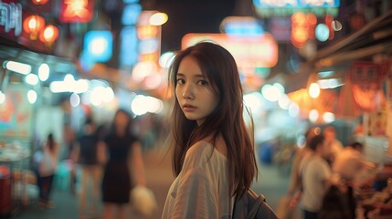 Fototapeta premium Young Woman Strolling Through Vibrant City Night Market