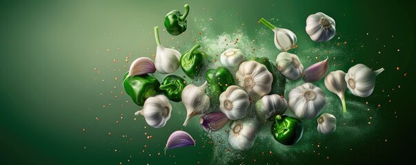 Fresh garlic and jalapeno peppers on a green background. Vibrant vegetables scattered with stunning detail in a dynamic composition.