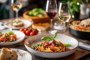 A Plate of Spaghetti With Tomato Sauce and Basil on a Rustic Wooden Table