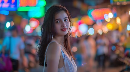 Fototapeta premium Candid Portrait of Young Woman in Vibrant City Night