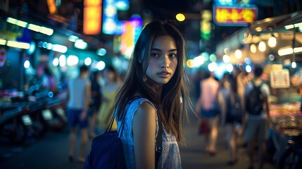 Obraz premium Woman Exploring Bustling Night Market with Bright Lights
