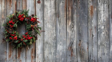 Holiday wreath on weathered timber wall