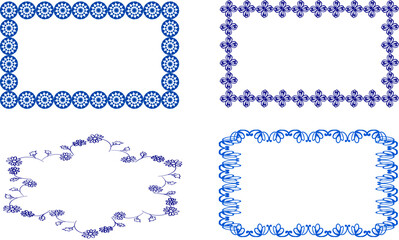 Blue floral frame set for your design, flower frame ring, garland black and white line hand drawn in block line, image frame set