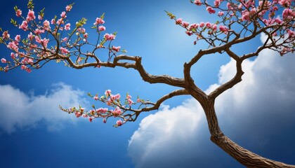 Fototapeta premium Pink Blossom Tree Branch Against Blue Sky.