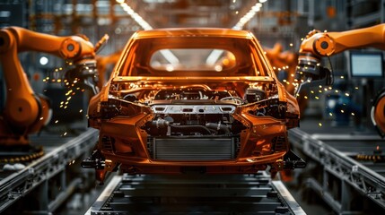 A car is being built in a factory with a lot of machinery