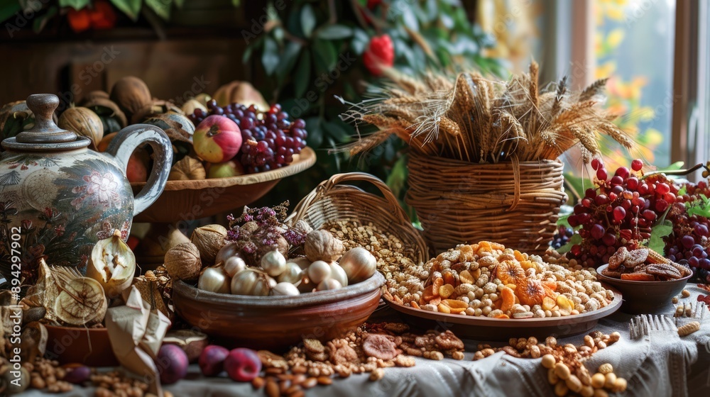 Wall mural Traditional Harvest Festival offerings of dried fruits and cereals in Europe