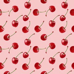 Seamless cherry pattern on pink background, bright and juicy illustration, simple and cute design with high detail