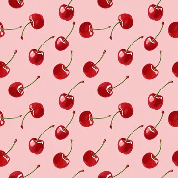 Seamless cherry pattern on pink background, bright and juicy illustration, simple and cute design with high detail
