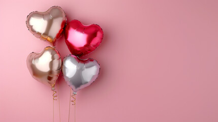 Four red, pink, silver, and gold heart balloons isolated on pink background with space for text. Happy Valentine's Day or birthday party card concept.