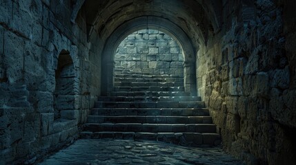 Obraz premium Seating for waiting Enigmatic gateway to infinity Montage idea Old stonework in dim space illuminated by an entrance