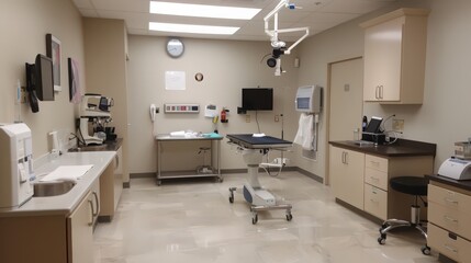 A surgery room featuring an advanced anesthesia machine, surgical microscopes, and a clean, organized layout.