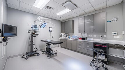 A surgery room featuring an advanced anesthesia machine, surgical microscopes, and a clean, organized layout.