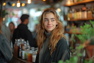 beautiful woman customer standing in cafe bokeh style background