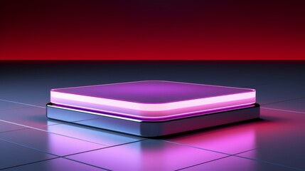 Product presentation on a square podium, 3D render, minimal design, neon highlights, side angle, white background, sleek style