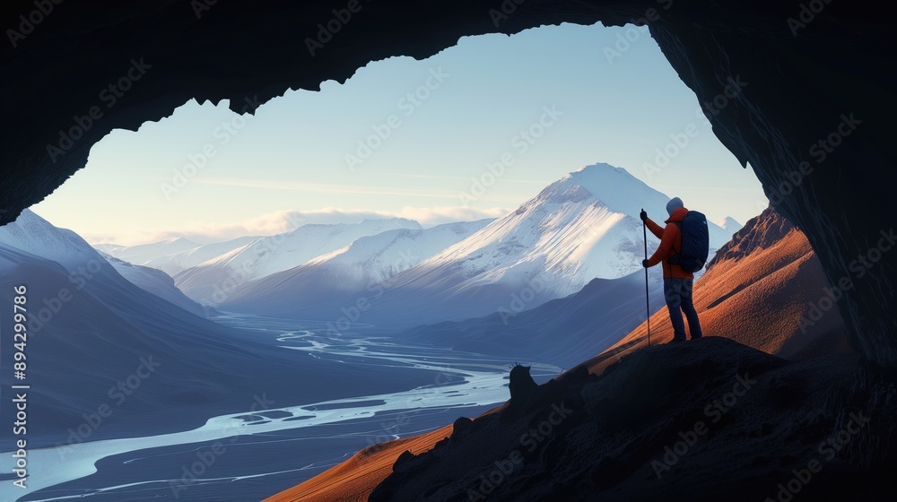 Wall mural A hiker stands in a cave entrance overlooking snow-capped mountains and a winding river at sunrise.