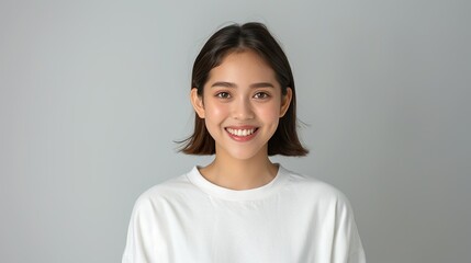 Fototapeta premium Realistic photograph of a smiling Thai woman on a plain background, showcasing her radiant joy and beauty through her happy expression. Realistic photo, Portrait , Minimalism,
