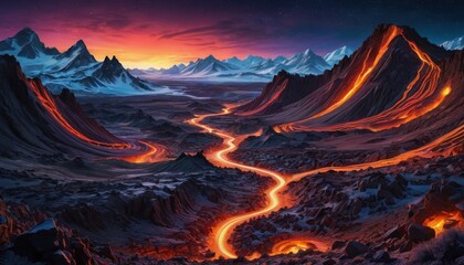 Lava Flow Path Through Mountains