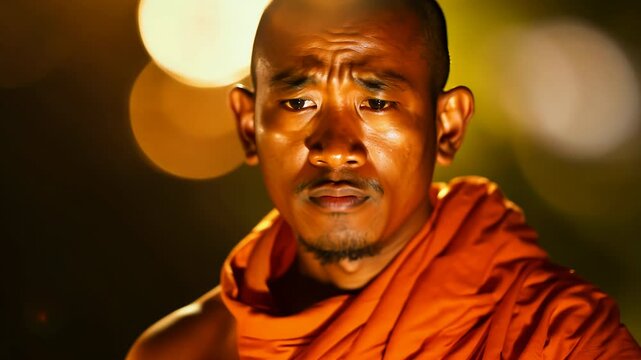 Serious Shaolin monk in orange robe with intense lighting