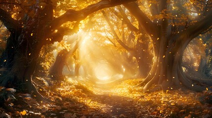A serene autumn forest path illuminated by soft sunlight filtering through vibrant orange and yellow foliage, creating a magical atmosphere. 
