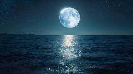 A stunning full moon illuminates a serene ocean, reflecting its light on the water's surface under a starry night sky.