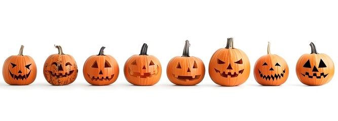 A vibrant array of carved Halloween pumpkins, each with unique expressions, set against a clean white background. 