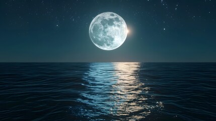 A breathtaking view of a full moon reflecting on calm ocean waters under a starry night sky, creating a serene and tranquil atmosphere. 