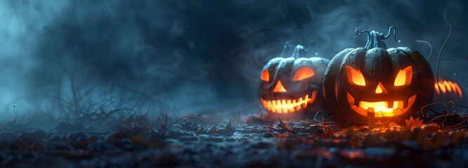 Fototapeta premium A hauntingly atmospheric scene featuring two illuminated jack-o'-lanterns among mist and autumn foliage, perfect for Halloween themes. 