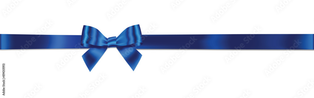 Poster blue bow and ribbon horizontal realistic shiny satin with shadow horizontal ribbon for decorate your