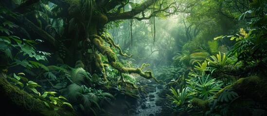 A lush jungle scene with sunlight filtering through the dense canopy revealing a path leading to a small stream