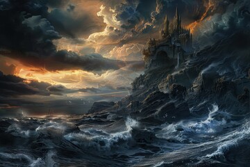 Dark Stormy Night Over Castle By The Sea