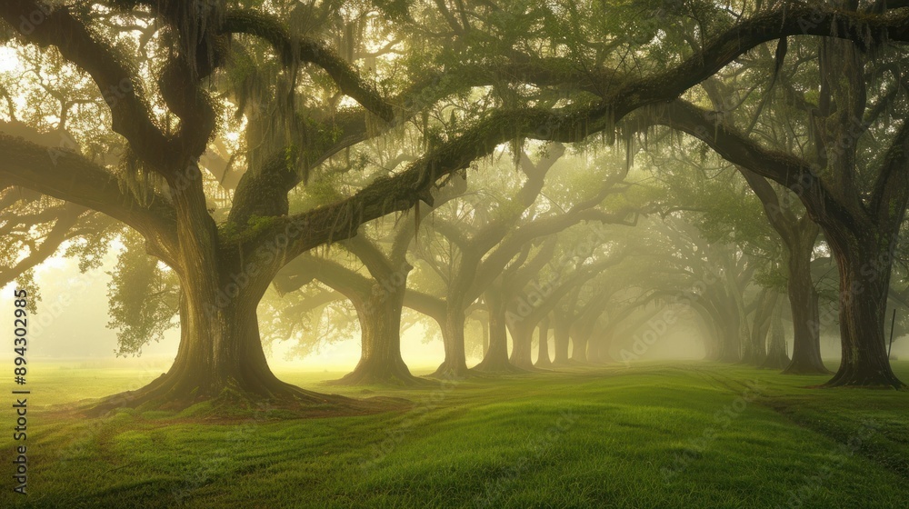 Poster A row of ancient oak trees stand tall in a mystical fog casting long shadows on a green grassy field