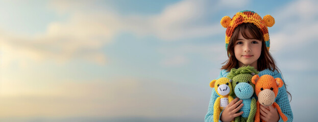 Web banner with a girl and her dolls made in Japanese amigurumi style, space for birthday gifts concept