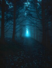Obraz premium A mysterious, fog-laden forest path illuminated by a soft blue light creates an ethereal atmosphere. 