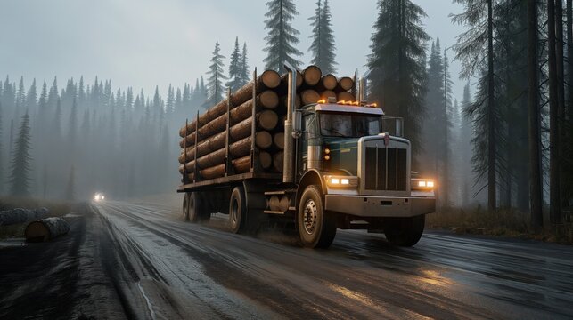 A logging truck carrying large tree trunks driving on a wet forest road with tall pine trees and misty weather.
