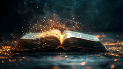 Obraz premium A mystical open book surrounded by ethereal golden sparks and swirling smoke, evoking a sense of wonder and magic. 