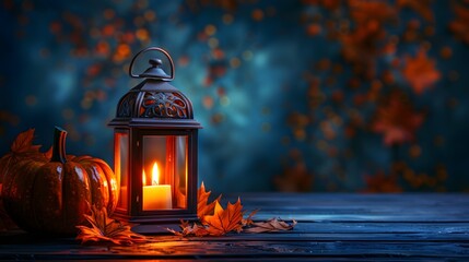 A cozy autumn scene featuring a glowing lantern beside an orange pumpkin and fallen leaves, evoking warmth and seasonal charm. 