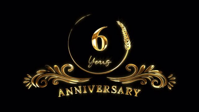 6th Anniversary Celebration. Happy 6 Years Anniversary Animation in Gold Color on the Transparent Background, Alpha Channel. Great for greetings, celebrations, events, and gifts.
